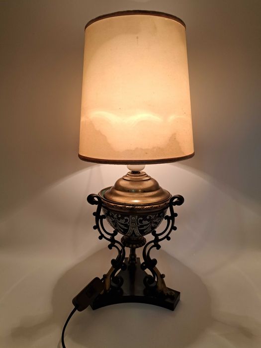 Lampa stołowa Empire marmurowa żeliwna ceramiczna kobaltowa mosiężna