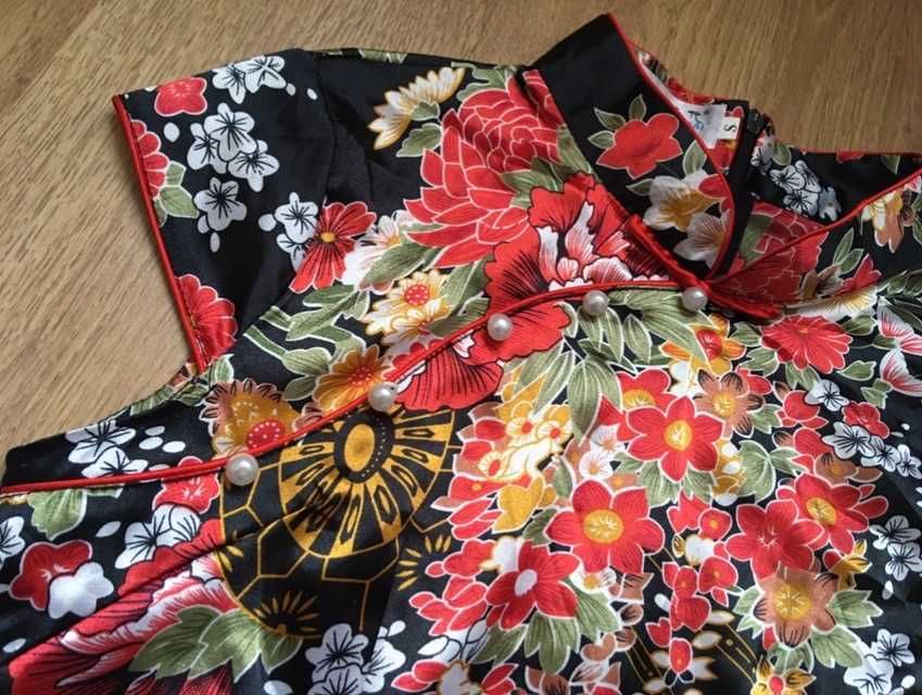 Czarna satynowa sukienka mini chińska qipao cheongsam XS