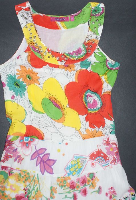 JANIS_Piękna Sukienka_biała kolorowe kwiaty falbany bawełna BOHO_M/38