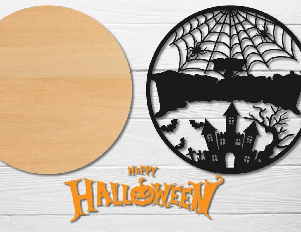 Ozdoba ścienna na Halloween Drewniana tablica z pajęczyną i zamkiem