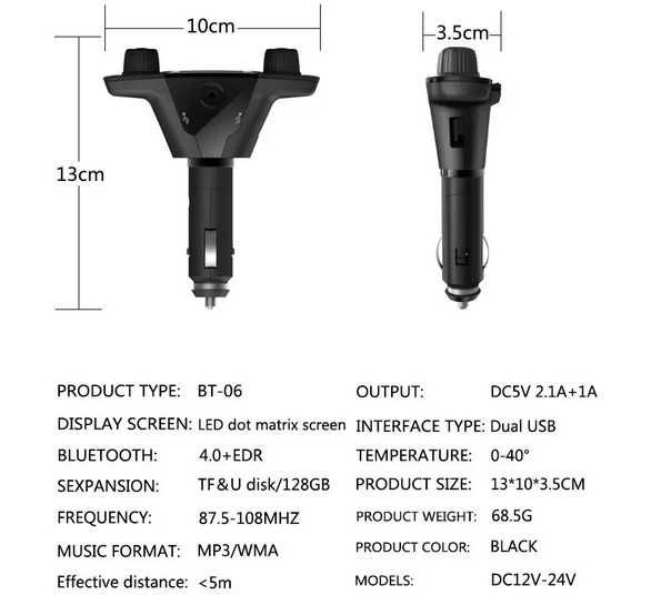 BT 5.0 ładowarka samochodowa nadajnik FM transmiter MP3 USB ekran LED