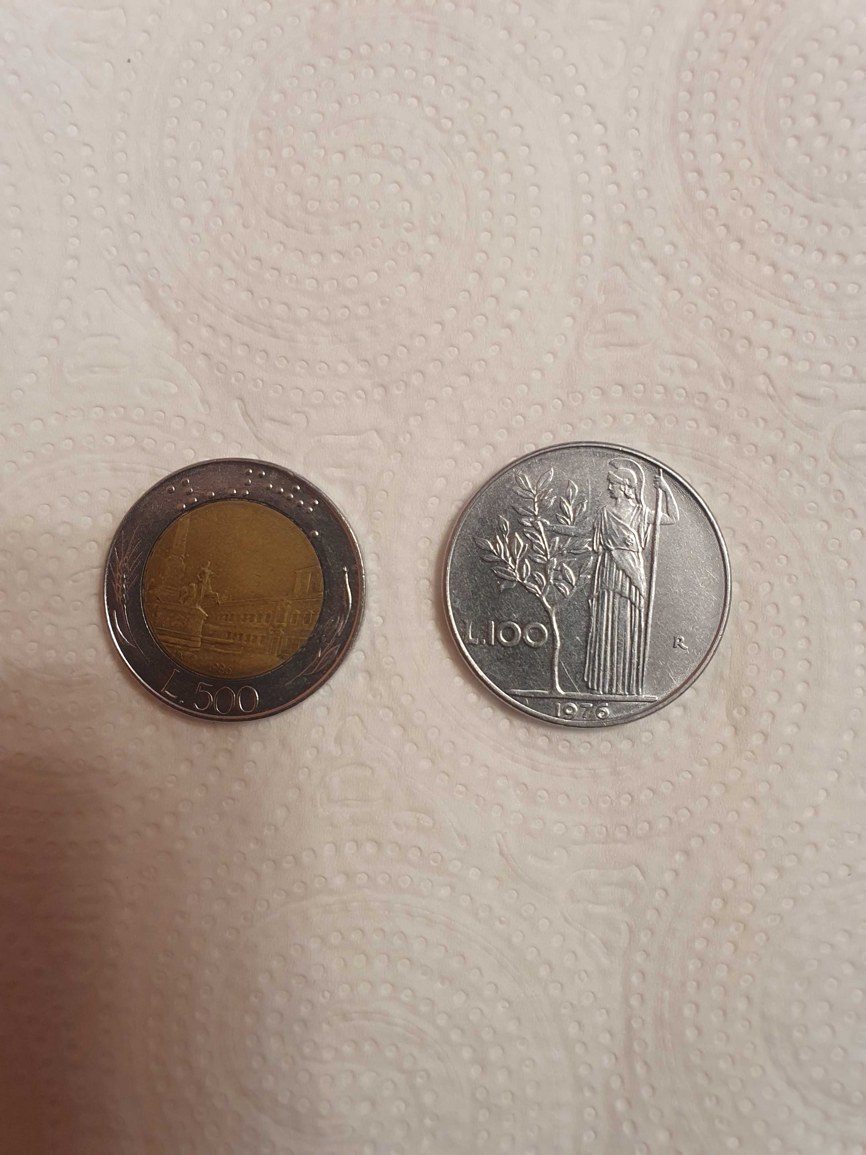 Monety włoskie 500 lirów i 100 lirów