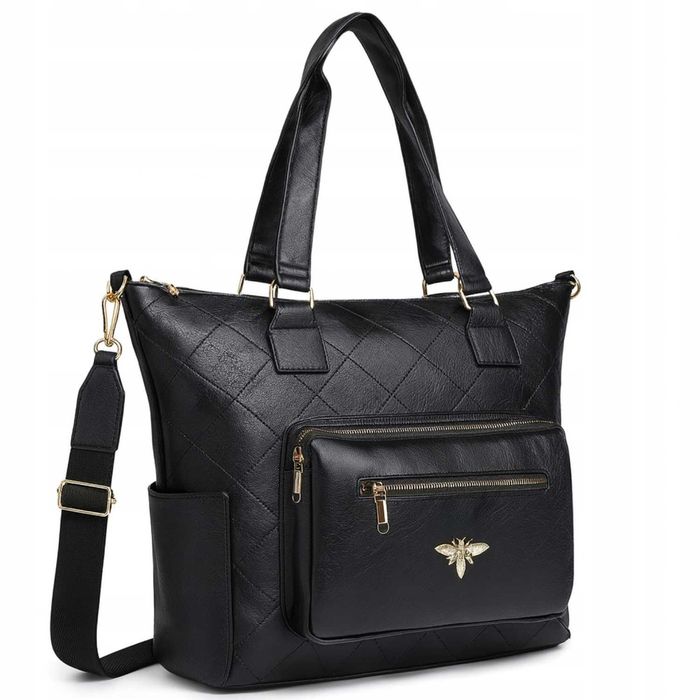 Torebka Damska Shopper Czarna Pikowana Pszczółka Elegancka Miejska A4