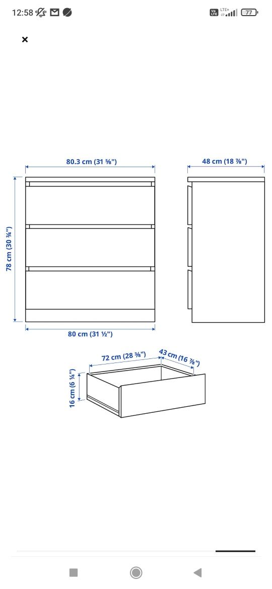 Komoda IKEA Malm, 3 szuflady, dąb bejcowany na biało  80x78