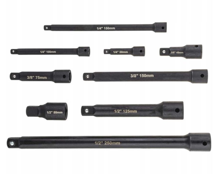 ZESTAW Przedłużek Udarowych 1/4" 3/8" 1/2" 9szt 50-250mm Do Grzechotki
