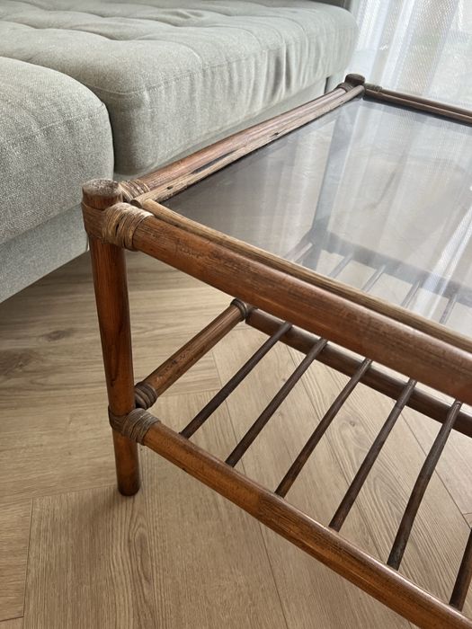 Rattanowy stolik z szybką vintage retro cottage