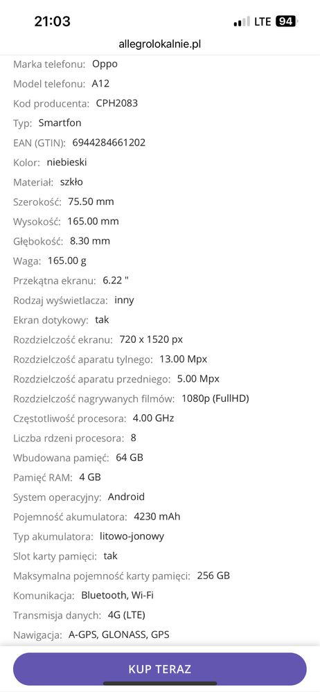 Smartfon OPPO A12 kolor niebieski