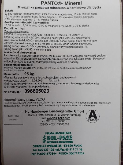 Premiks dla krów zasuszonych Panto R66 z solami gorzkimi witaminy