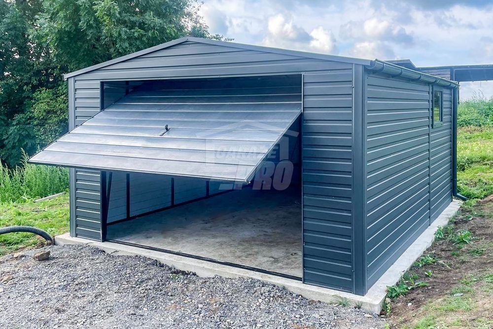 Garaż blaszany 4,5x5m Brama uchylna okno antracyt rynny dach GP422