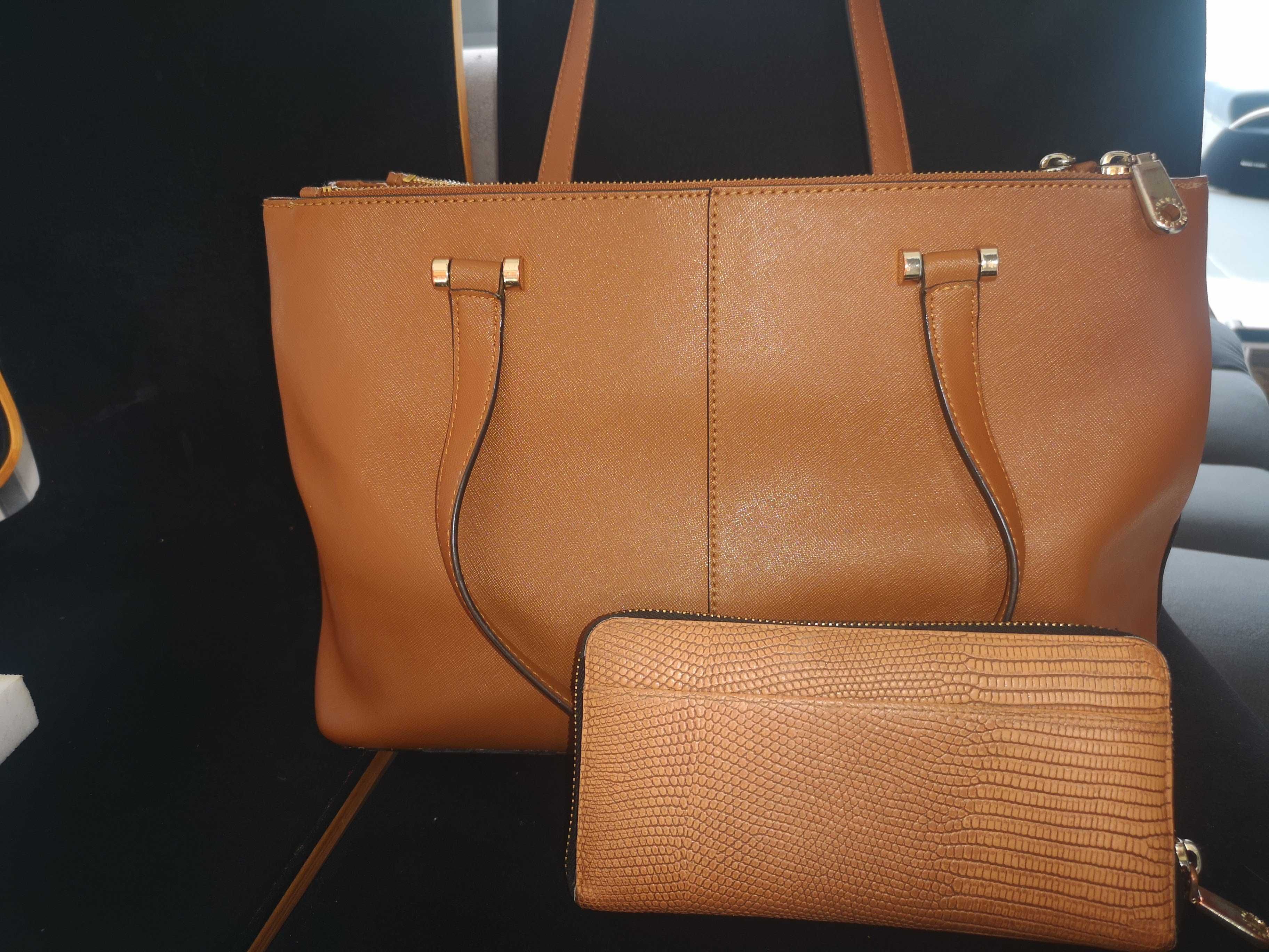 Torba duża, portfel camel DKNY skórzana, skóra A4 Donna Karan