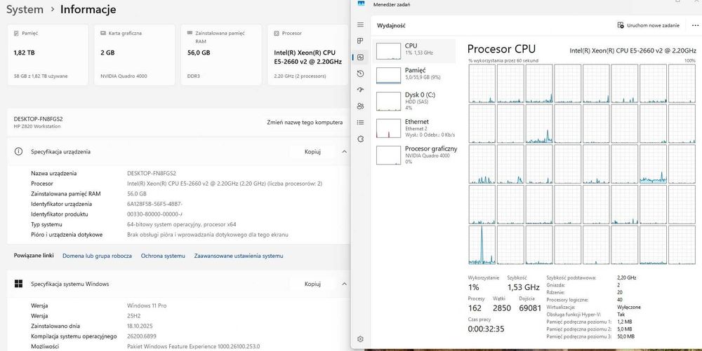 HP Z820 2xXeon e5-2660 v2 56 gb ram 2tb dysk quadro