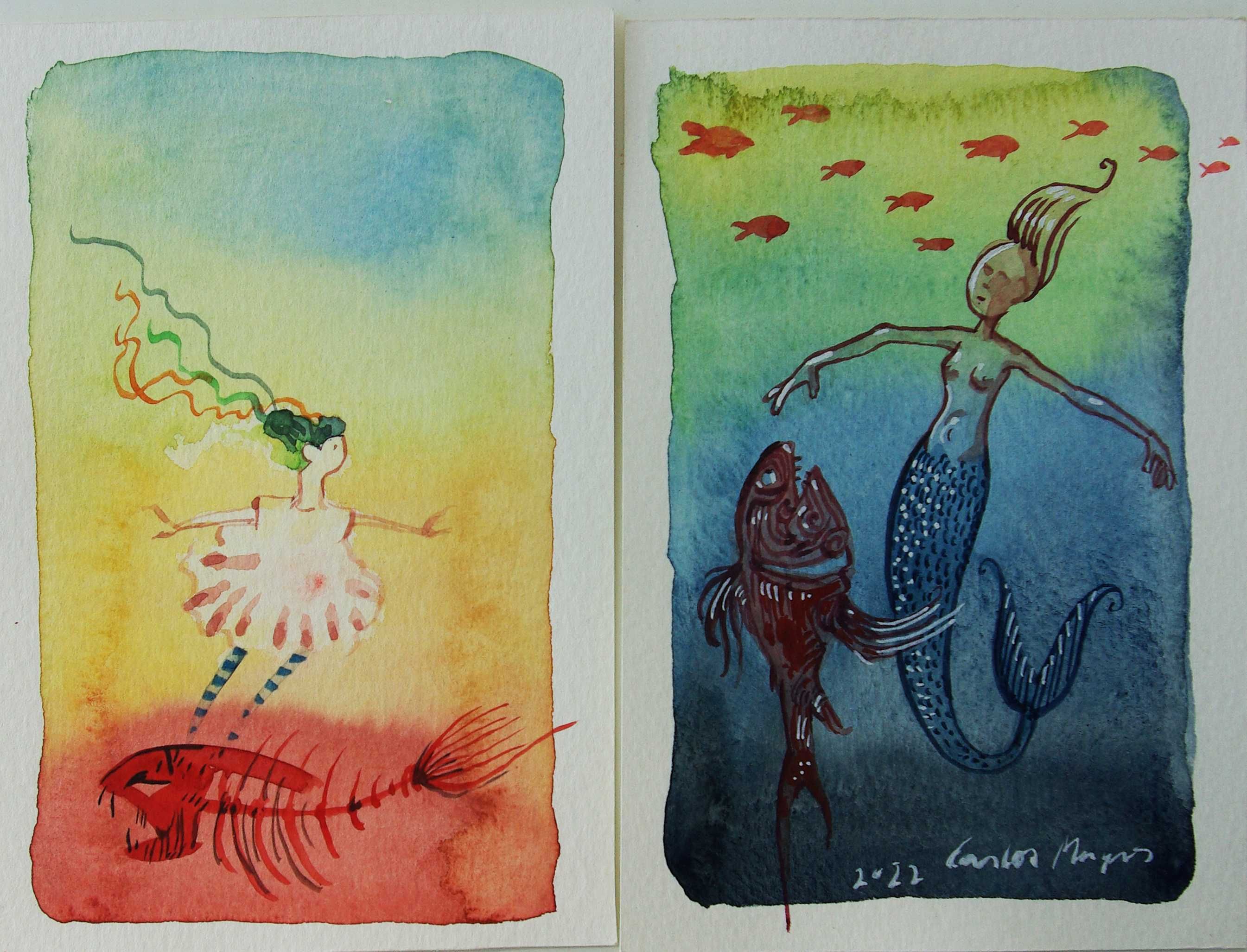 4 Aguarelas  de Carlos Marques. Fantasia, surreal, contos de fadas