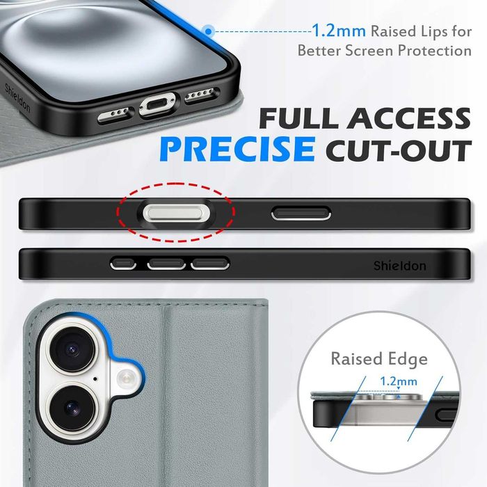 Shieldon naturalne etui skórzane z klapką iPhone 16 portfel RFID szare