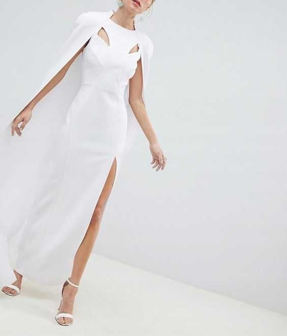 ASOS DESIGN 36/38 biała długa suknia maxi z peleryną CUDO luksusowa