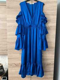 Elegancka długa sukienka maxi z falbankami NAKD niebieska wesele M