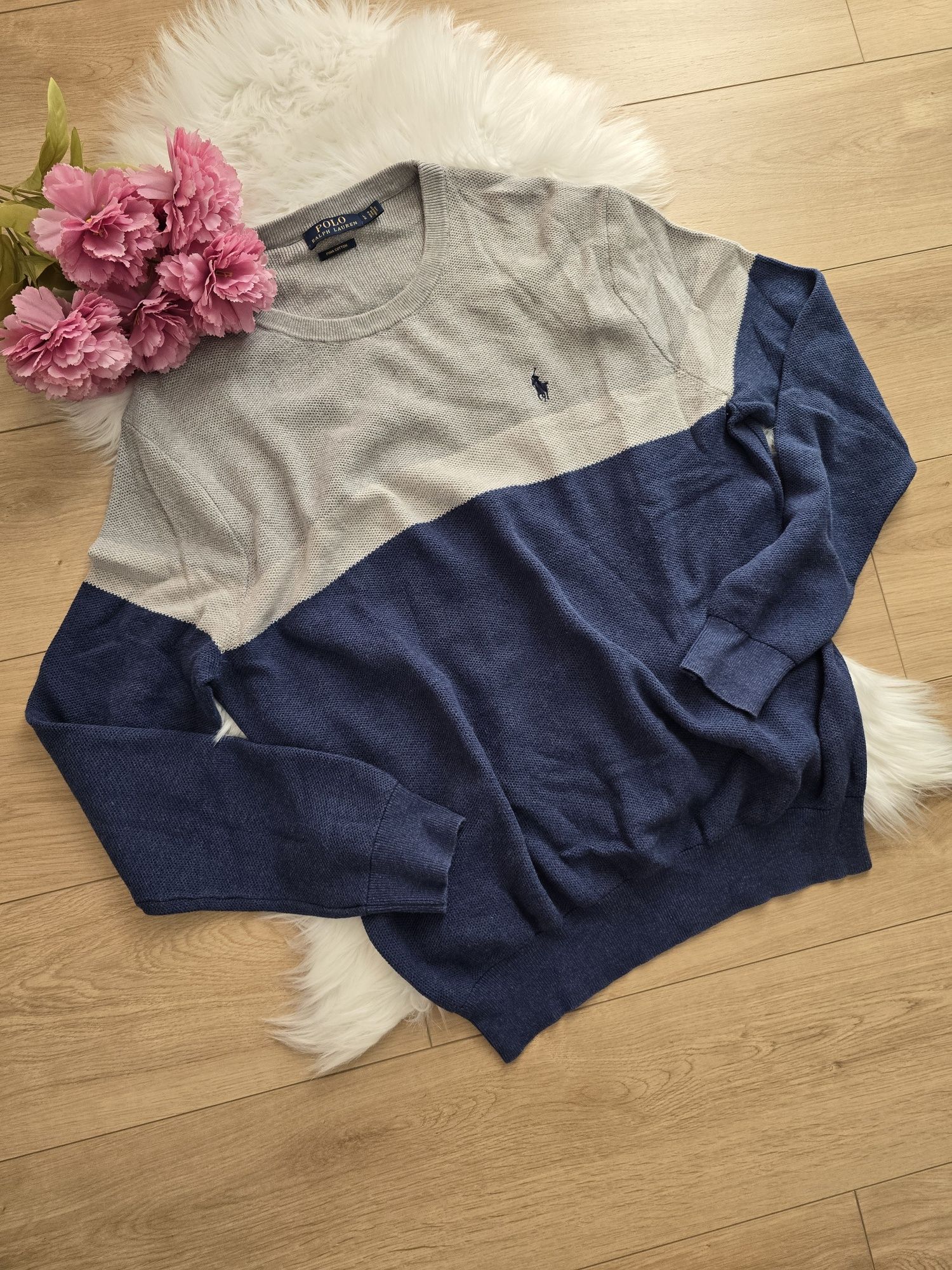 Sweter męski Ralph Lauren L paski szary granatowy bawełna cotton bdb