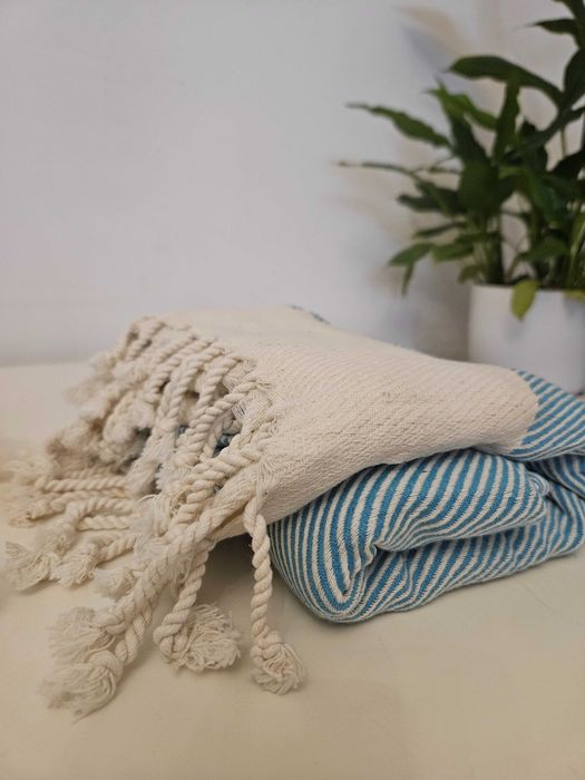 Wielofunkcyjny Bawełniany ręcznik Pestemal 100x180 niebiesko kremowy