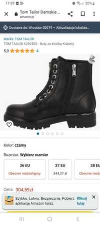 Buty za kostkę damskie Tom Tailor rozm. 43 Czarne nowe