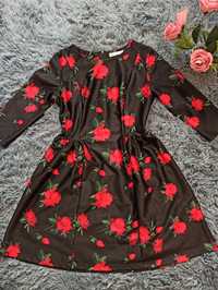 Czarna sukienka w kwiaty rozkloszowana r. L 40 wesele komunia