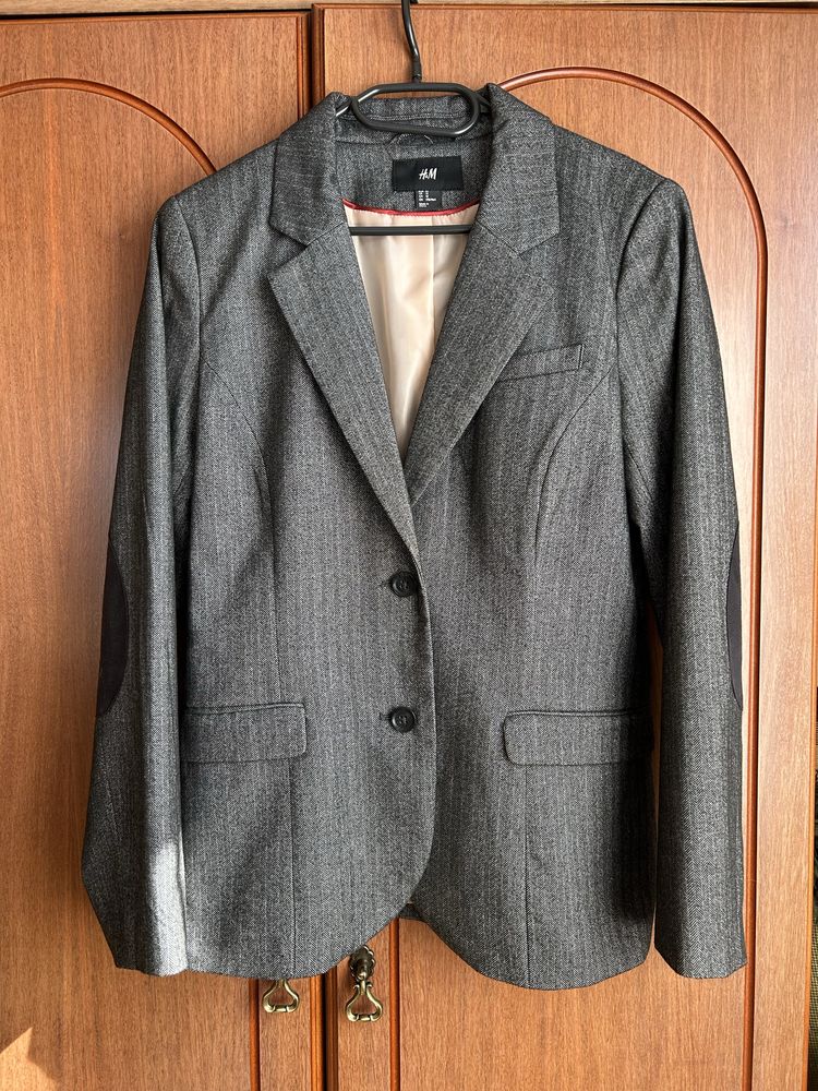 Damska, elegancka grafitowa marynarka w jodełkę - rozmiar 42 (XL)