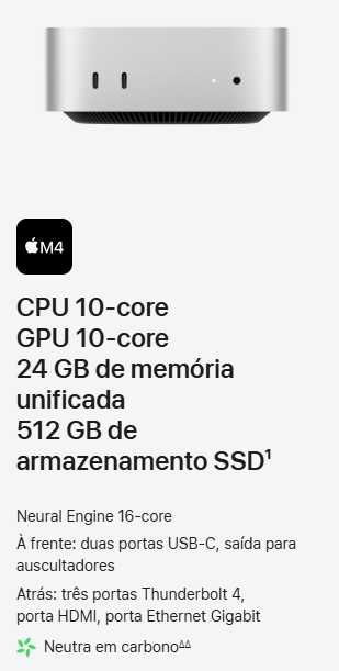 Mac Mini m4 24gb 512gb NOVO