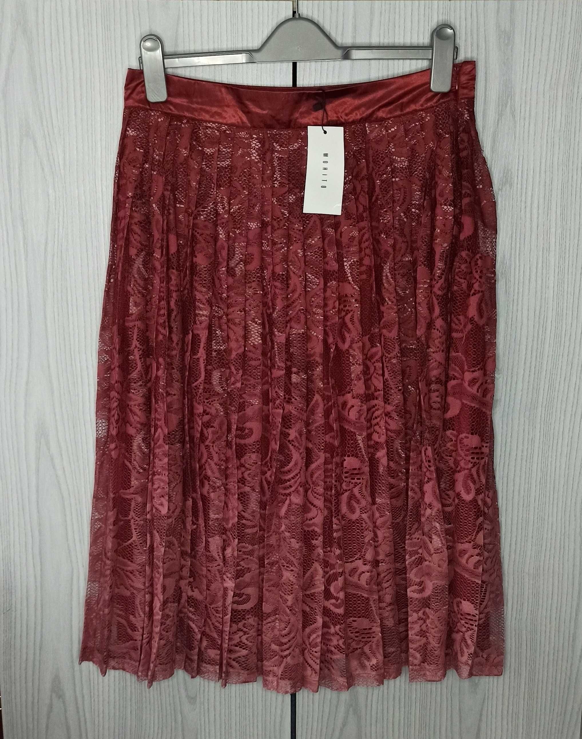 Koronkowa różowa spódnica plisowana midi Mohito ombre burgund nowa