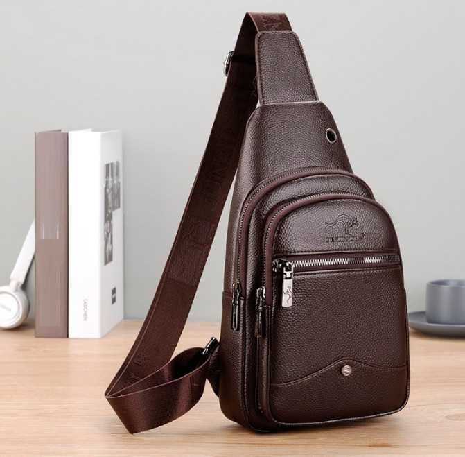 Мужская сумка бананка Кенгуру черная коричневая нагрудная барсетка