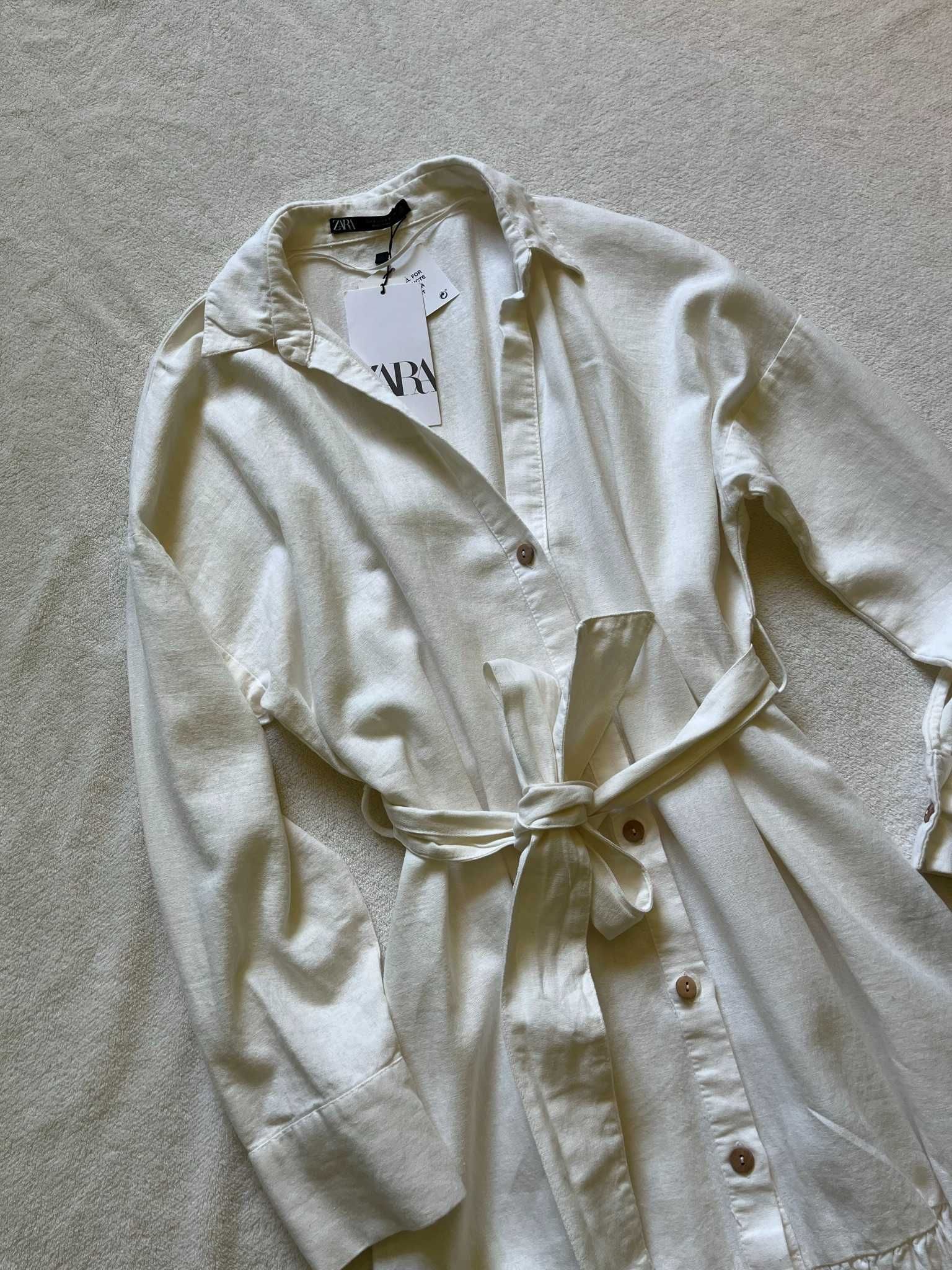 Zara koszulowa sukienka z lnu lniana biała ecru
