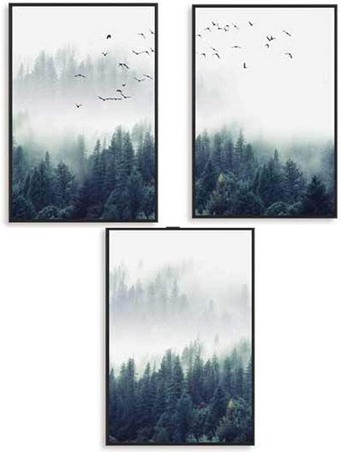zestaw 3 designerskich plakatów  las i ptaki we mgle