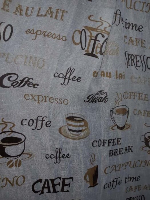 Тюль із малюнком кави  у наявності чорно-сірий  і бежево-молочний.