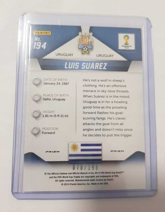 2014 Panini Prizm World Cup Uruguay Luis Suarez Blue Prizm /199