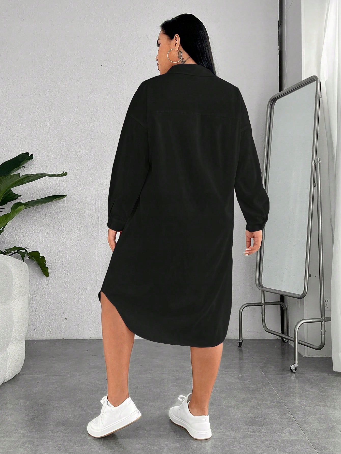 Sukienka Koszulowa Midi Z Obniżonymi Ramionami Czarna Casual Shein 3Xl