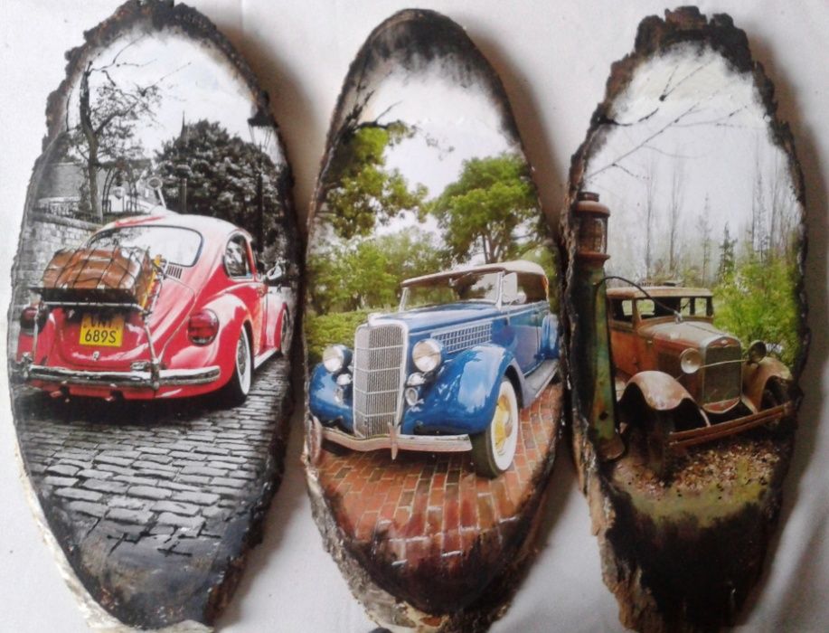 Серия картин на срезе дерева "Ретроавтопарк" декупаж ручная работа