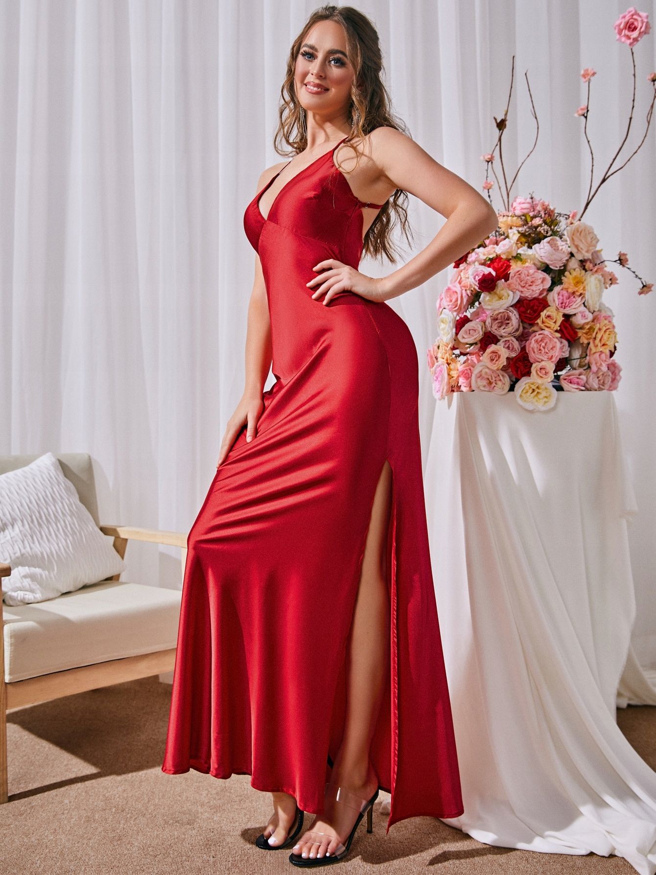 Sukienka Maxi Satynowa W Stylu Bieliźnianym Czerwona Sbetro Xl 42