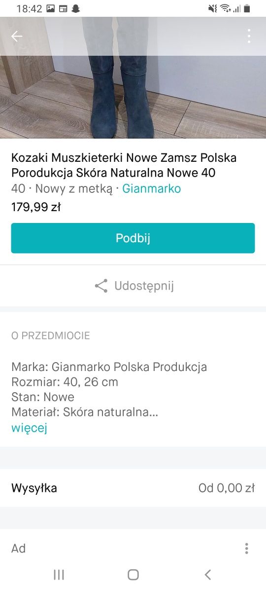 Kozaki Muszkieterki Nowe Skóra Naturalna Grafit 40