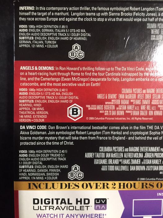 DVD blueray box set: Robert Langdon inferno - Angels&demons - da vinc
