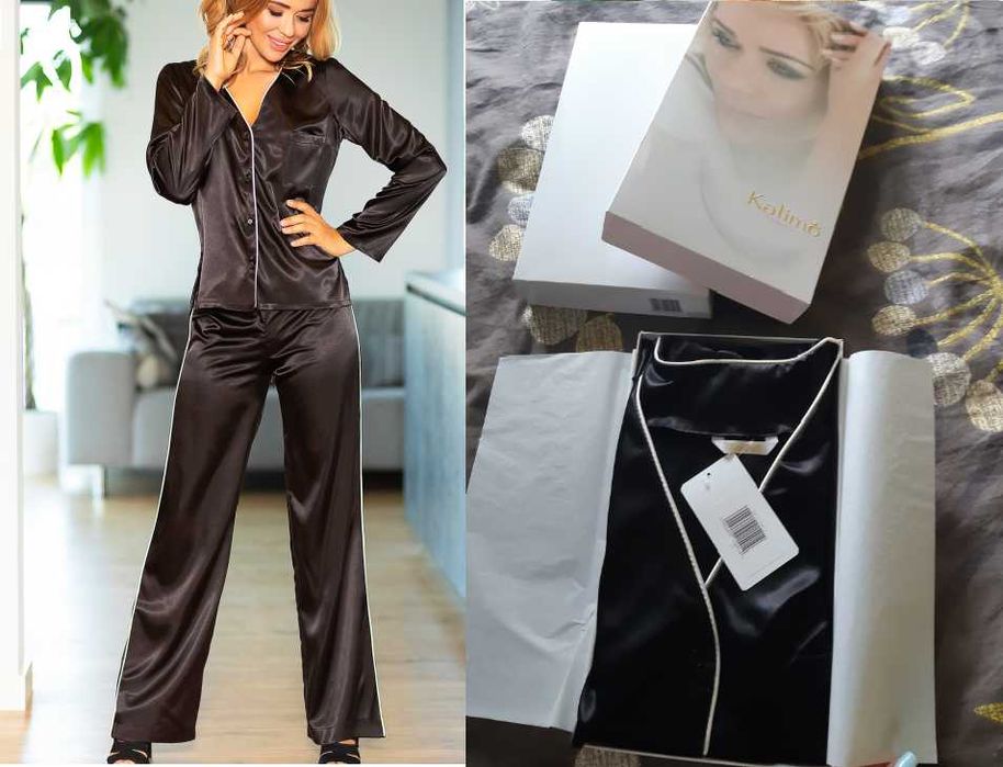 Nowa piżama Kalimo komplet satynowy czarny L koszula spodnie prezent