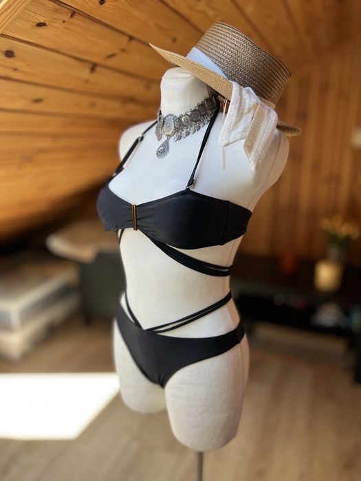 Nowy Strój kąpielowy czarny bikini dwuczęściowe paski M 38 złota