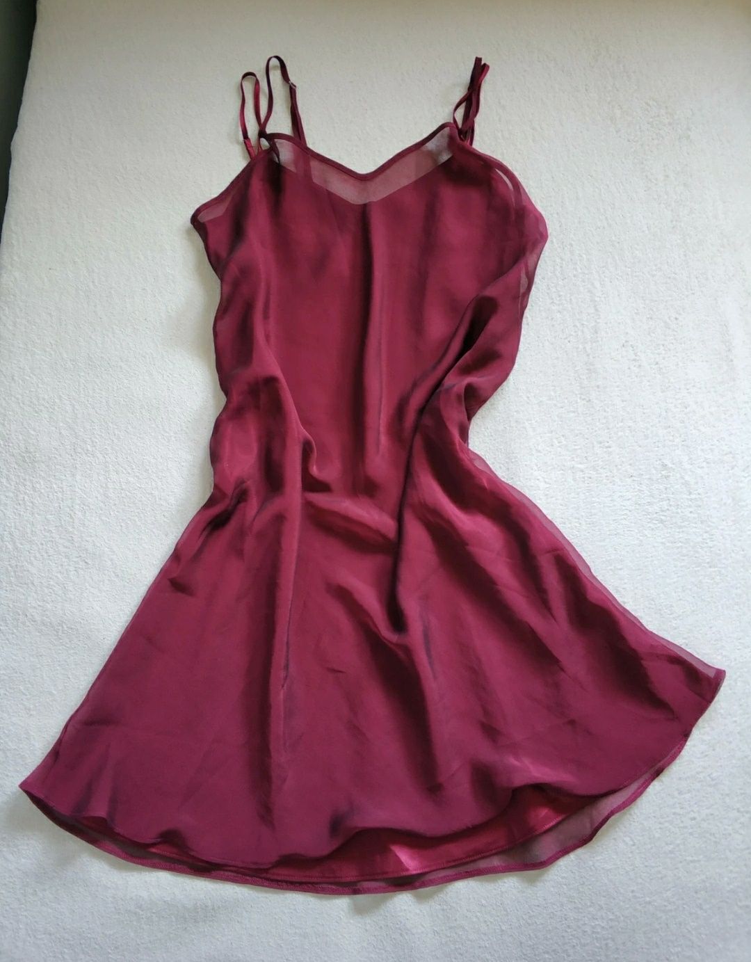 Rozmiar 42/44 Bordowa ciemnoczerwona sukienka dwuwarstwowa na ramiączk