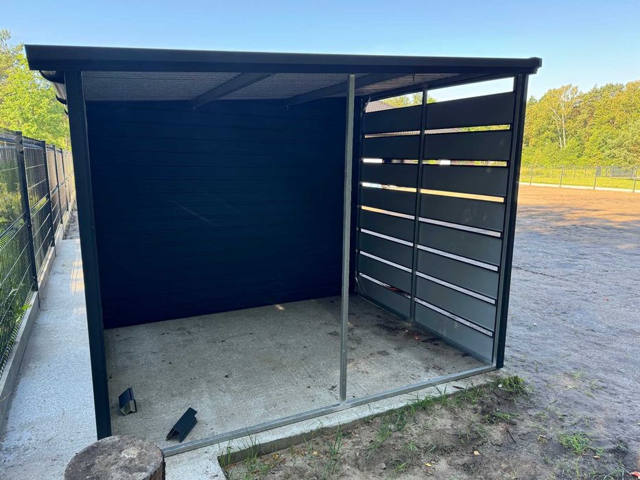Garaż blaszany/schowek ogrodowy 6x2.5m + wiata/drewutnia, grafit