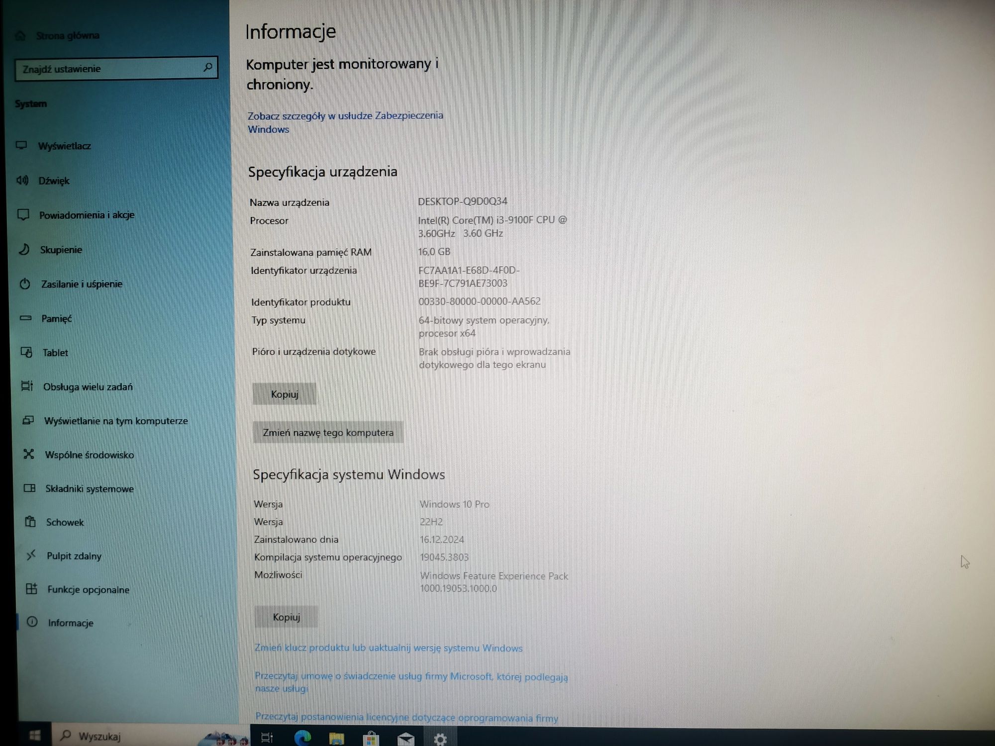 Komputer gamingowy z monitorem  i3-9100F/SSD970EVO500GB/RAM16GB3000MHz