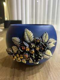 Miska ozdobna ceramiczna granatowa z kwiatami