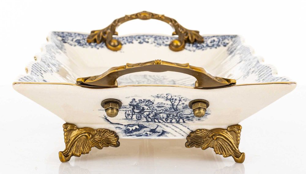 Dekoracyjna Stylowa Taca Misa Ceramiczna Biała Złota Na Nóżkach 182439