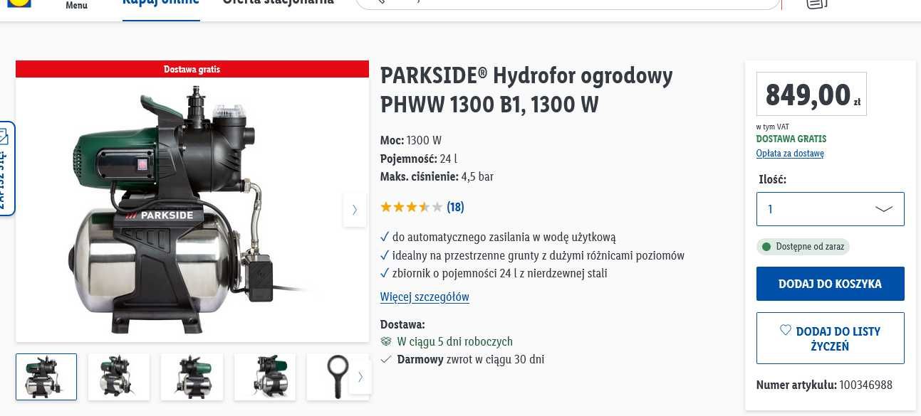 PARKSIDE Hydrofor ogrodowy PHWW 1300 B1, 1300 W