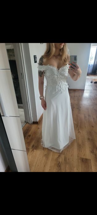 Suknia sukienka nowa ślubna biala długa z koronką carmen 36
