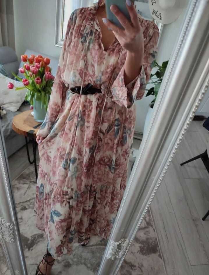 H&M dluga maxi szyfonowa sukienka w kwiaty oversizena wiosne boho L/XL