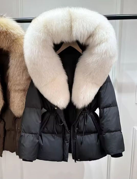 Płaszcz damski ocieplany kurtka z kapturem futro naturalne lis rozmiar