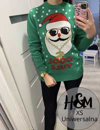 Zielno sweterek damski sweter świątwczny z Mikołajem H&M XS S M