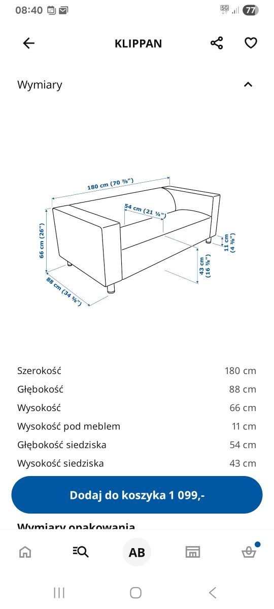 Sofa  dl 180 cm wys 66cm