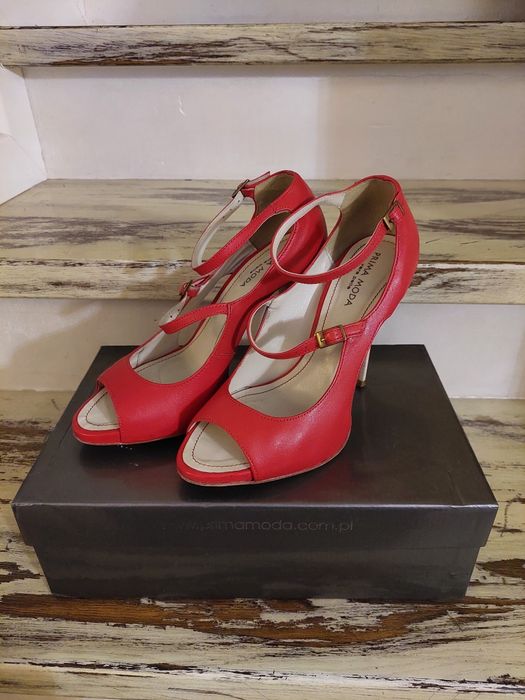 Prima Moda czerwone hot sexy skórzane sandałki, szpilki, r. 38